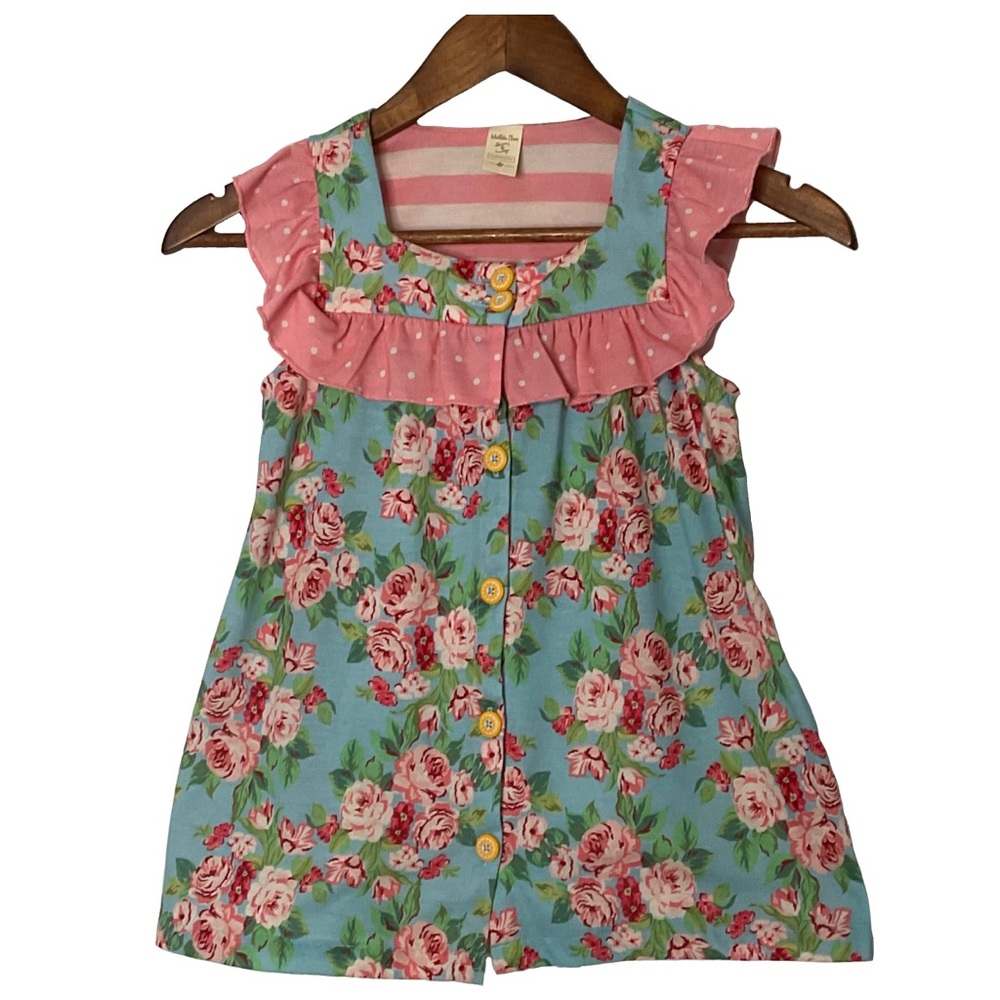 Matilda Jane Pillow Top Pajama Top Button Front Floral Pink Ruffle Size 8.